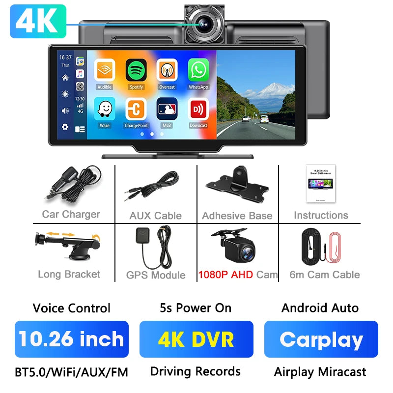 CarPlay & Android Auto +4K  Dash Cam 10.26”