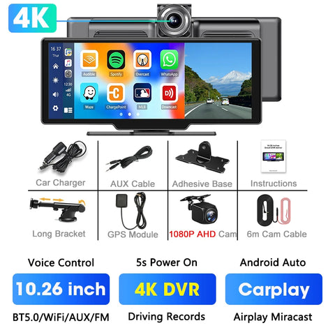 CarPlay & Android Auto +4K  Dash Cam 10.26”
