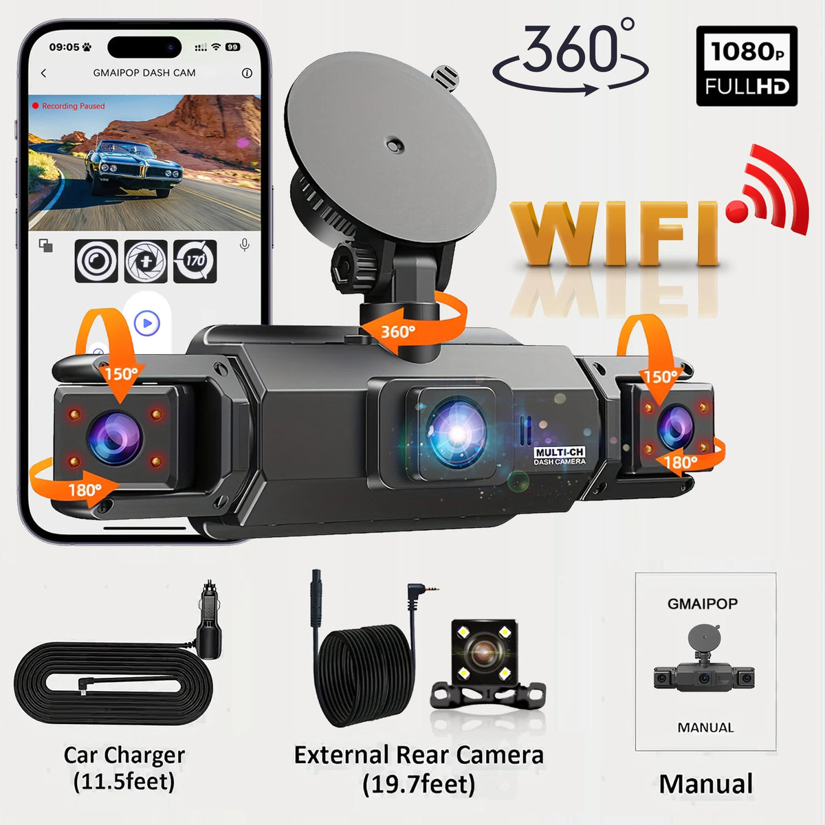 4CH WiFi Dash Cam Auto Kamera s 4 Kamere i Noćnim Snimanjem
