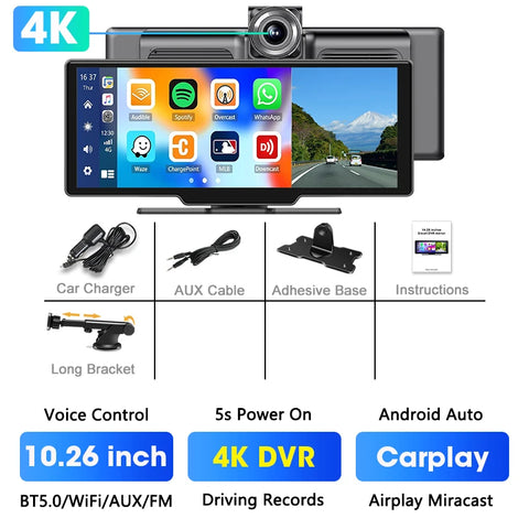 CarPlay & Android Auto +4K  Dash Cam 10.26”