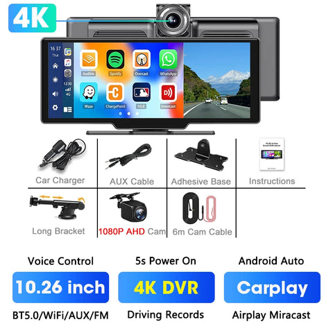CarPlay & Android Auto +4K  Dash Cam 10.26”